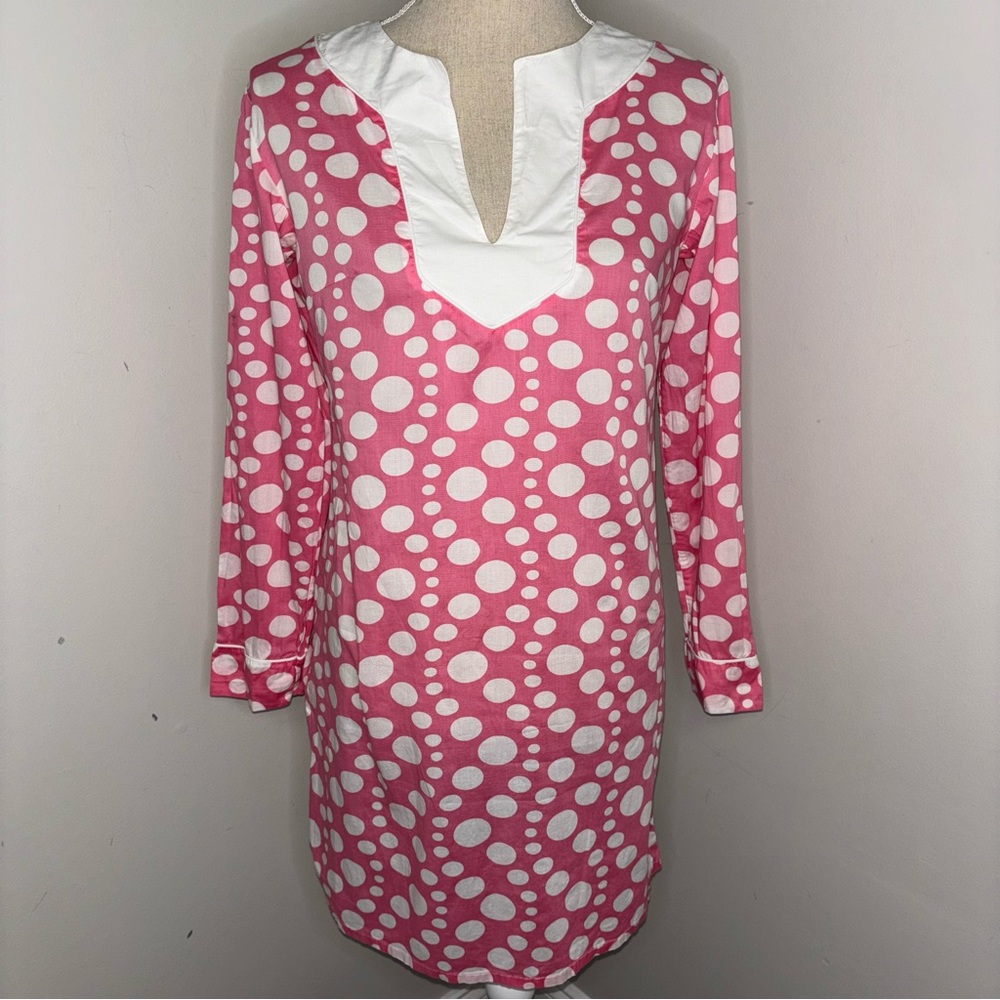 Kayce Hughes pink & white polka dot cotton V-neck tunic top popover size 2